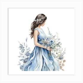 Watercolor Bride In Blue Dress Art Print