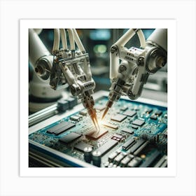 Two Robots Working On A Circuit Board Art Print