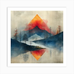 'Reflections of Serenity', an artwork that encapsulates the tranquil beauty of a mountain landscape mirrored in still waters. The piece juxtaposes the fiery warmth of a sunset with the cool calmness of twilight hues, creating a harmonious balance between elements.  Mountain Landscape, Tranquil Art, Sunset Reflections.  #ReflectionsOfSerenity, #MountainArt, #PeacefulLandscape.  'Reflections of Serenity' is a gateway to a world where time stands still, and nature's grandeur is captured in a moment of perfect symmetry. Ideal for those seeking a meditative space, this artwork transforms any room into a sanctuary of calm, inviting viewers to immerse themselves in the soothing embrace of nature's artistry. Art Print