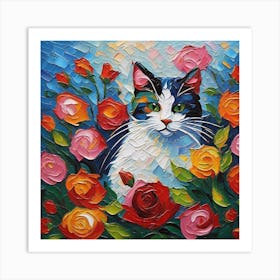 Cat With Roses 1 Art Print