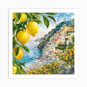 Amalfi View With Lemons Travel Painting Italy 3 Art Print