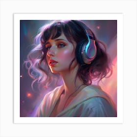 Girl With Headphones Art Print