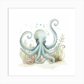 Storybook Style Octopus On The Ocean Floor With Aqua Marine Plants 6 Art Print