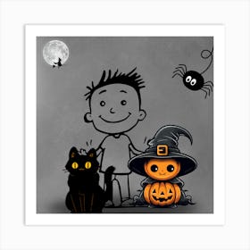 Halloween Boy And Cat Art Print