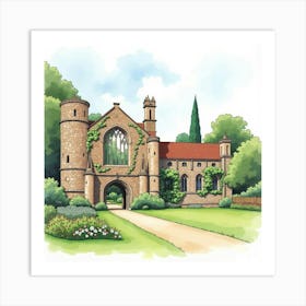 Watercolor Of The Mottisfont Abbey In Hampshire, Showcasing Its Picturesque Ruins And Beautiful Gardens Art Print