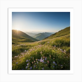 A Lush Green Mountain Filled With Blooming Wildflowers Basks In Warm Sunlight Under A Clear Blue Sky, Its Natural Beauty Portrayed Serenely Art Print