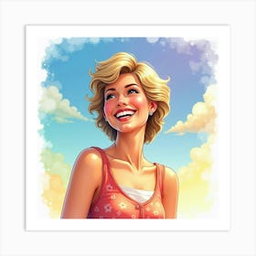 Princess Diana Smiling Brightly, Watercolor Skies Blending With Rainbow Colors Art Print