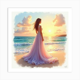 Graceful Gown Watercolor, Amidst A Tranquil Beach Sunrise 1 Art Print