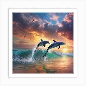Dolphins Jumping At Sunset Art Print