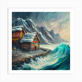 Acrylic and impasto pattern, mountain village, sea waves, log cabin, high definition, detailed geometric 3 Art Print