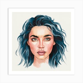 Watercolor Portrait Of A Woman With Blue Hair Art Print