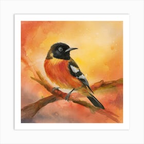 Sunset Serenade: Ethereal Watercolor of an American Redstart in Nature's Embrace 1 Art Print