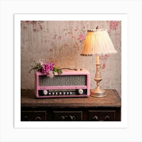 Vintage Pink And Grey Radio Adorned With Pastel Flowers Positioned On A Distressed Wooden Surface Art Print