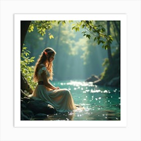 A Serene Elven Princess Sitting By A Sparkling, Enchanted River 1 Art Print