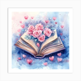 Watercolor Romantic Book Roses Hearts 3 Art Print