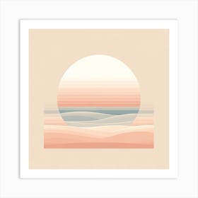 Title: "Dawn's Gentle Rise"  Description: In "Dawn's Gentle Rise," the serene beauty of daybreak is captured through soft gradients and flowing forms. The sun, depicted as a large, pale orb, emerges from the horizon, its light diffusing in muted, pastel bands that stretch across the composition. Below, the landscape unfolds in gentle undulations, suggestive of dunes or rolling hills, bathed in the tranquil light of early morning. The artwork's minimalistic approach and calming color scheme evoke a sense of peace and new beginnings, making it an ideal piece to inspire reflection and quiet contemplation in a space dedicated to relaxation or creative thought. Art Print