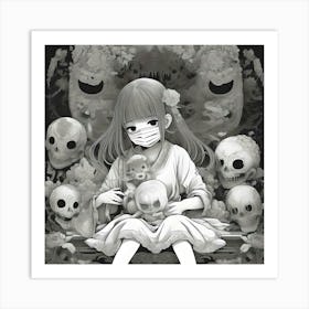 Girl With Mask And Skulls Art Print