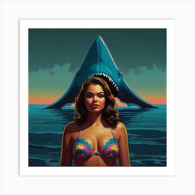 Retro Pop Young Woman with Shark Art Print