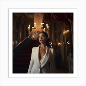 Tessa Thompson in white suit inside a classy hotel  Art Print