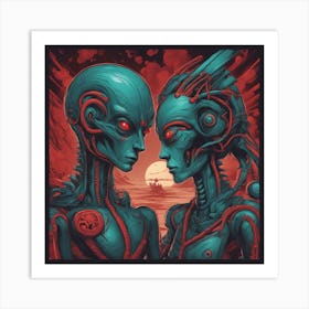 Alien Couple Painted To Mimic Humans, In The Style Of Surrealistic Elements, Folk Art Inspired Illu (4) Art Print