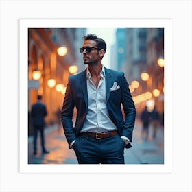 Sophisticated Man In Watercolor Attire, Glamorous City Lights 1 Art Print