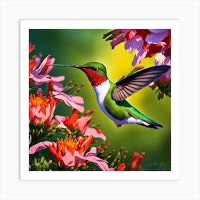 Ruby Throated Hummingbird Wings Vibrating Hastily As It Sips Nectar From A Myriad Of Vibrant Flower 327434654 Art Print