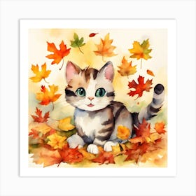 Autumn Kitten Watercolor Painting Art Print