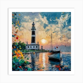 Lighthouse Sunset Art—a stunning seascape oil painting capturing a lighthouse against a vivid sunset sky, with a tranquil sailboat and vibrant shoreline flowers. Art Print