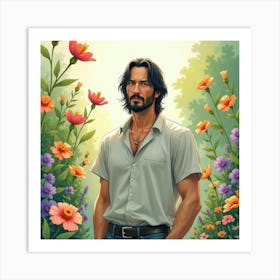 Keanu Reeves In A Peaceful Watercolor Garden With Colorful Flowers Art Print