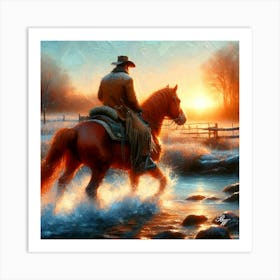 Cowboy Riding Across A Stream 9 Copy Art Print