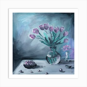 Tulips In Vase - painting square hand painted classical tulips floral flower vase calm soothing kitchen living room Art Print