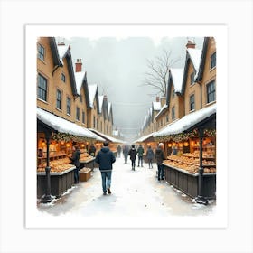 Watercolor Scene Of An English Winter Market With Warm Drinks And Festive Goods 1 Art Print