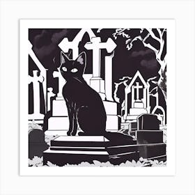 Black Cat In Cemetery Art Print