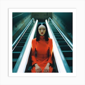 Woman in an orange dress, sitting on an escalator. 2023 Art Print