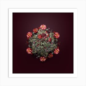Vintage Ternaux Rose Bloom Flower Wreath on Wine Red Art Print