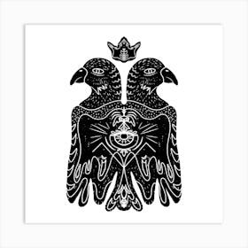 Two-headed bird in a crown mystical linocut stylized Art Print