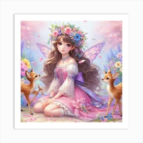 Fairy Girl With Deer Art Print