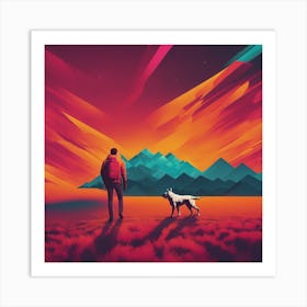 An Image Of A Dog Walking Through An Orange And Yellow Colored Landscape, In The Style Of Dark Teal (4) Art Print