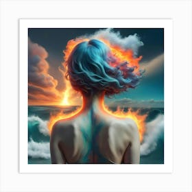 Girl With Blue Hair And Fire Art Print