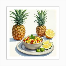 Watercolor Scene Of A Fresh And Tangy Pineapple Salsa On A Modern Dining Table Art Print