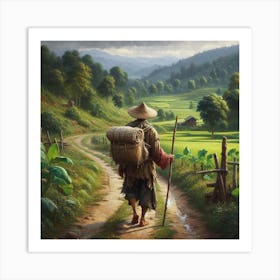 An old, poor man walking down the Japanese valley Art Print