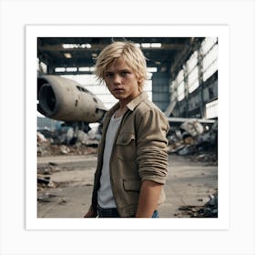 Boy In An Airplane Hangar Art Print