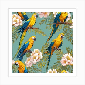 Seamless Pattern With Acacia Flowers And Parrots Vector 0 Art Print