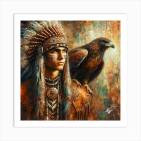 Oil Texture Young Native American Indian With Hawk 3 Art Print