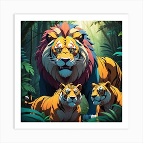 Illustration Of A Majestic Lion Fearsome Tiger And Robust Bear Standing Together In The Dense Jung 603007676 Art Print