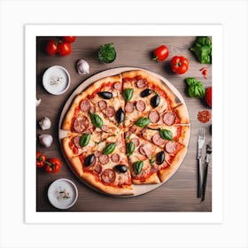 Pizza On Wooden Table Art Print