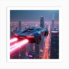 Sleek Futuristic Car With Glowing Trails, Soaring Above Neon Lit Skyscrapers 1 Art Print