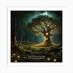 A Night Scene In A Lush, Magical Forest Clearing Illuminated By Glowing Fireflies Art Print