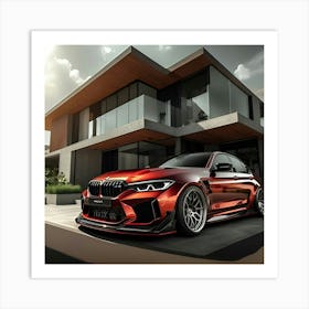 Metallic Red BMW M3 With Full Body Kit In Front Of Modern House 4 Art Print