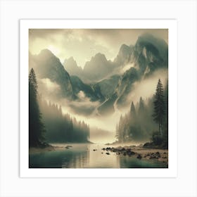 Misty Mountain Landscape Art Print Art Print